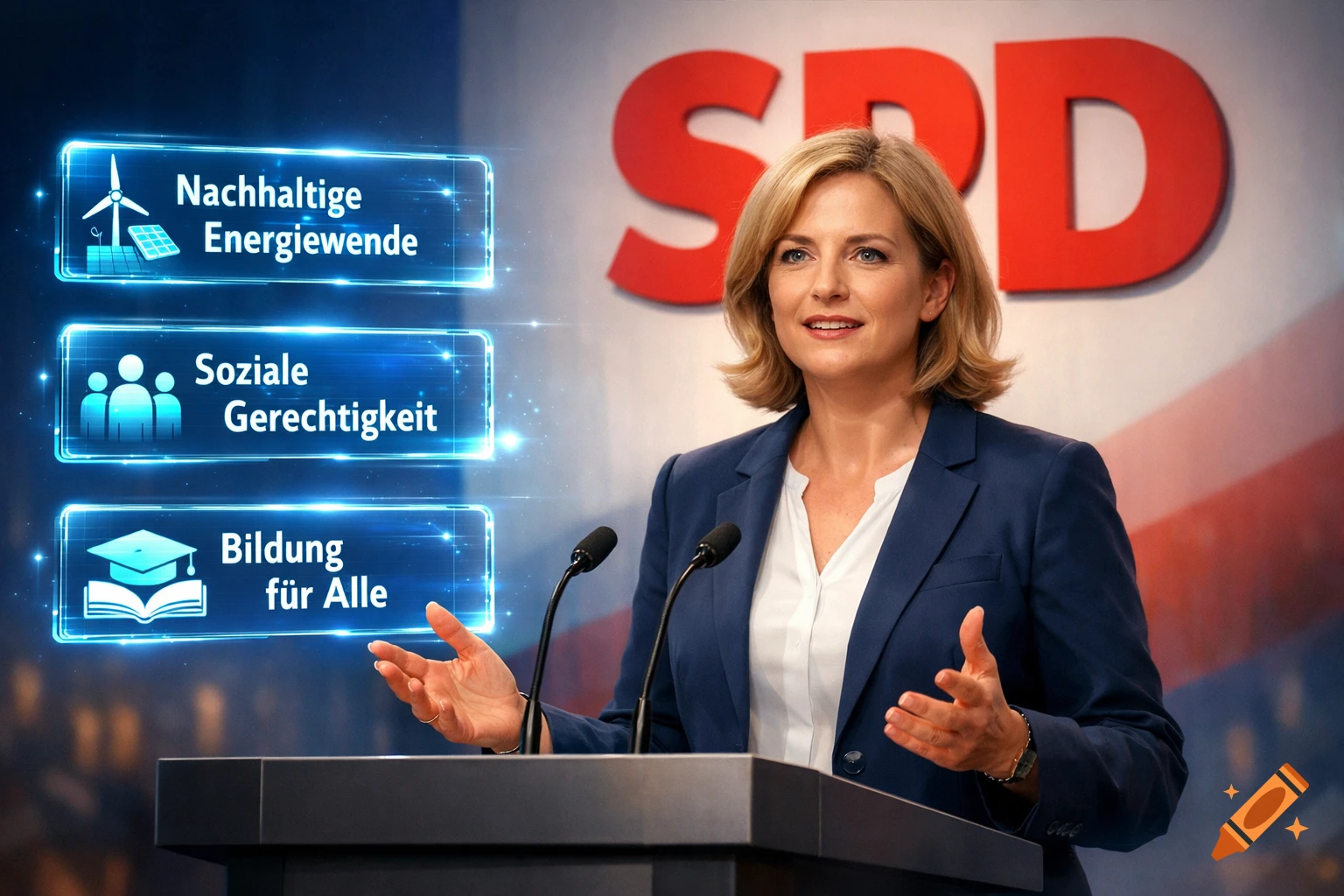 A blonde woman speaks at a podium with microphones, with glowing political slogans and an SPD logo in the background, photorealistic style.