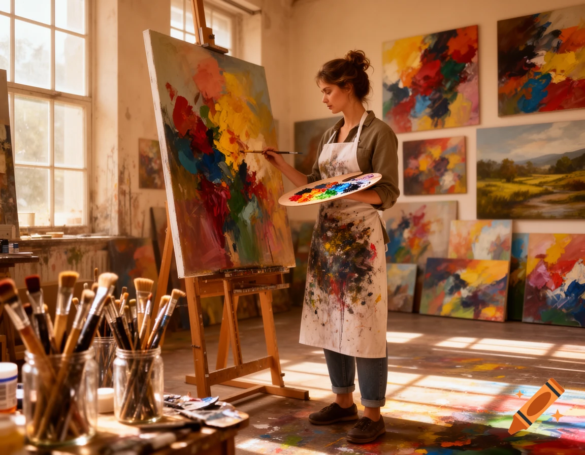 A female artist with a paint-splattered apron paints on a large canvas in a sunlit art studio, surrounded by brushes and colorful artwork.