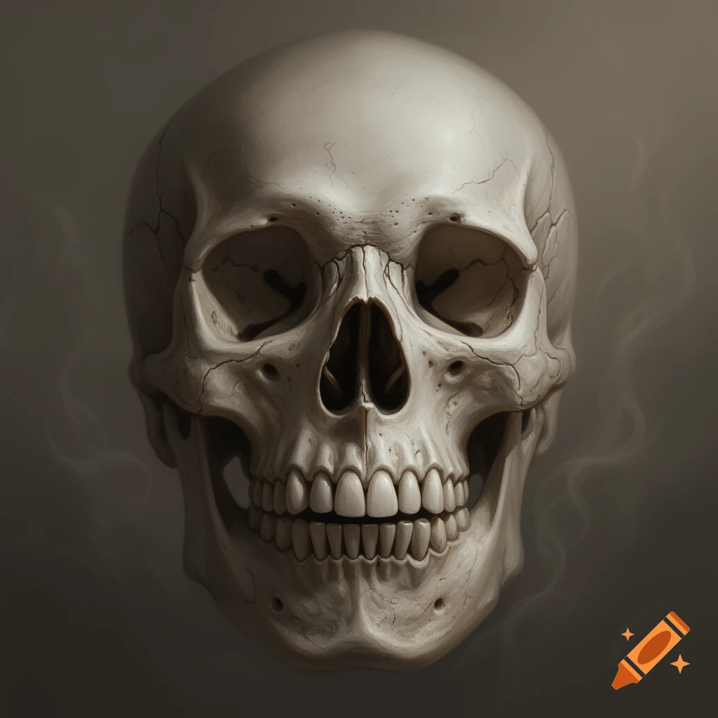 A close-up, highly detailed illustration of a human skull against a dark, smoky background.