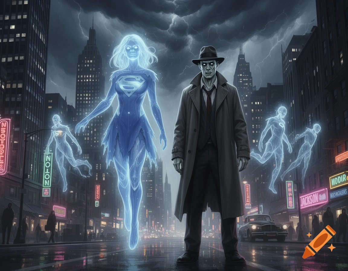 A zombie-like detective and a glowing blue ghostly Supergirl float in a rainy, dark city street with neon signs.
