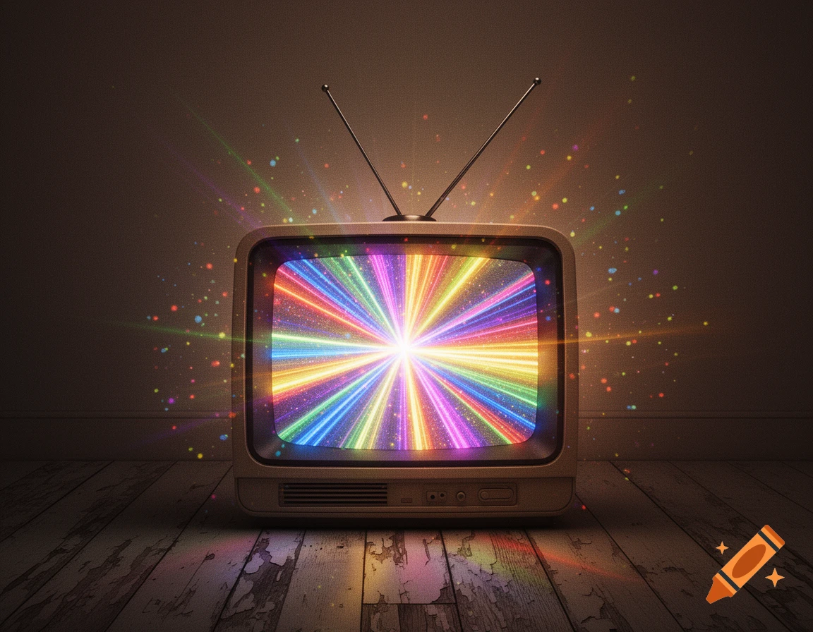 A retro television with colorful light rays bursting from its screen, illuminating a dark room with a wooden floor.