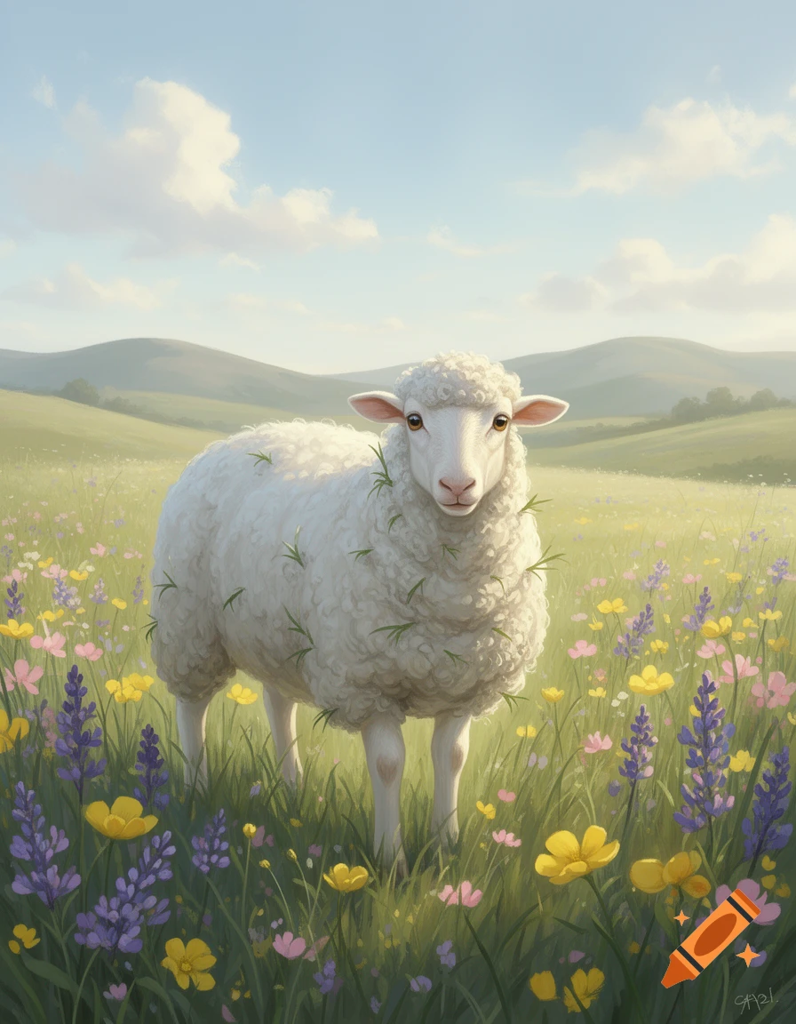 A fluffy white sheep stands amidst a field of colorful wildflowers under a bright blue sky with soft clouds.