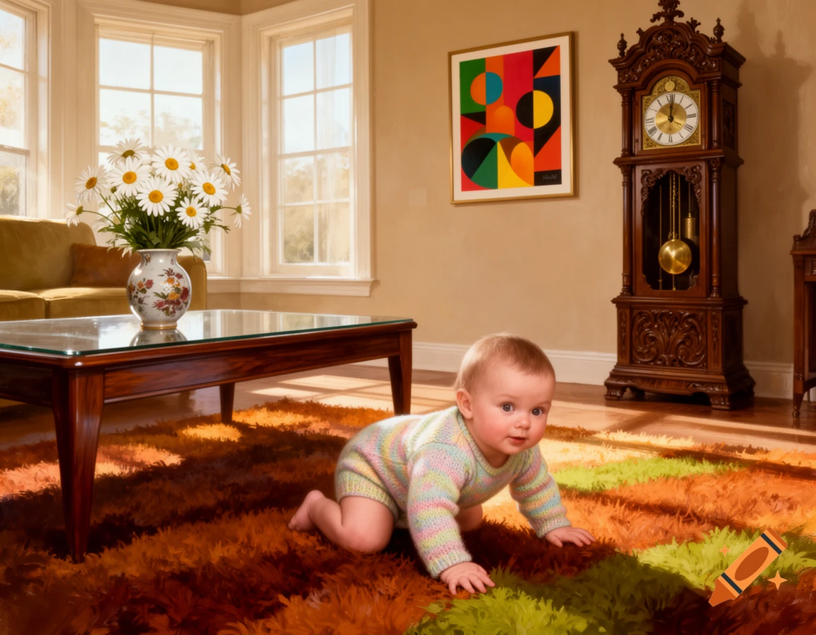 A baby crawls on a shaggy rug in a 70s-style living room with a vase of daisies on a coffee table, a grandfather clock, and a colorful abstract painting.
