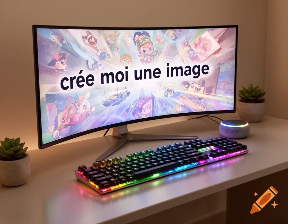 A curved monitor displays cartoon art and 'crée moi une image' on a desk with an RGB keyboard, smart speaker, and plants.