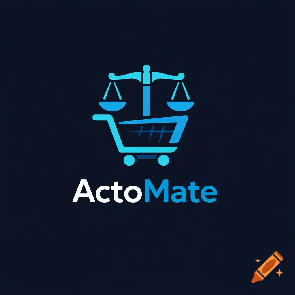 Modern minimalist logo for ActoMate, featuring a blue shopping cart combined with scales of justice on a dark background.