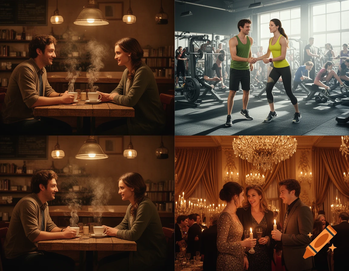 A collage showing a couple in four intimate scenes: sharing coffee in a cafe, shaking hands in a gym, and at an elegant party. Photorealistic style.
