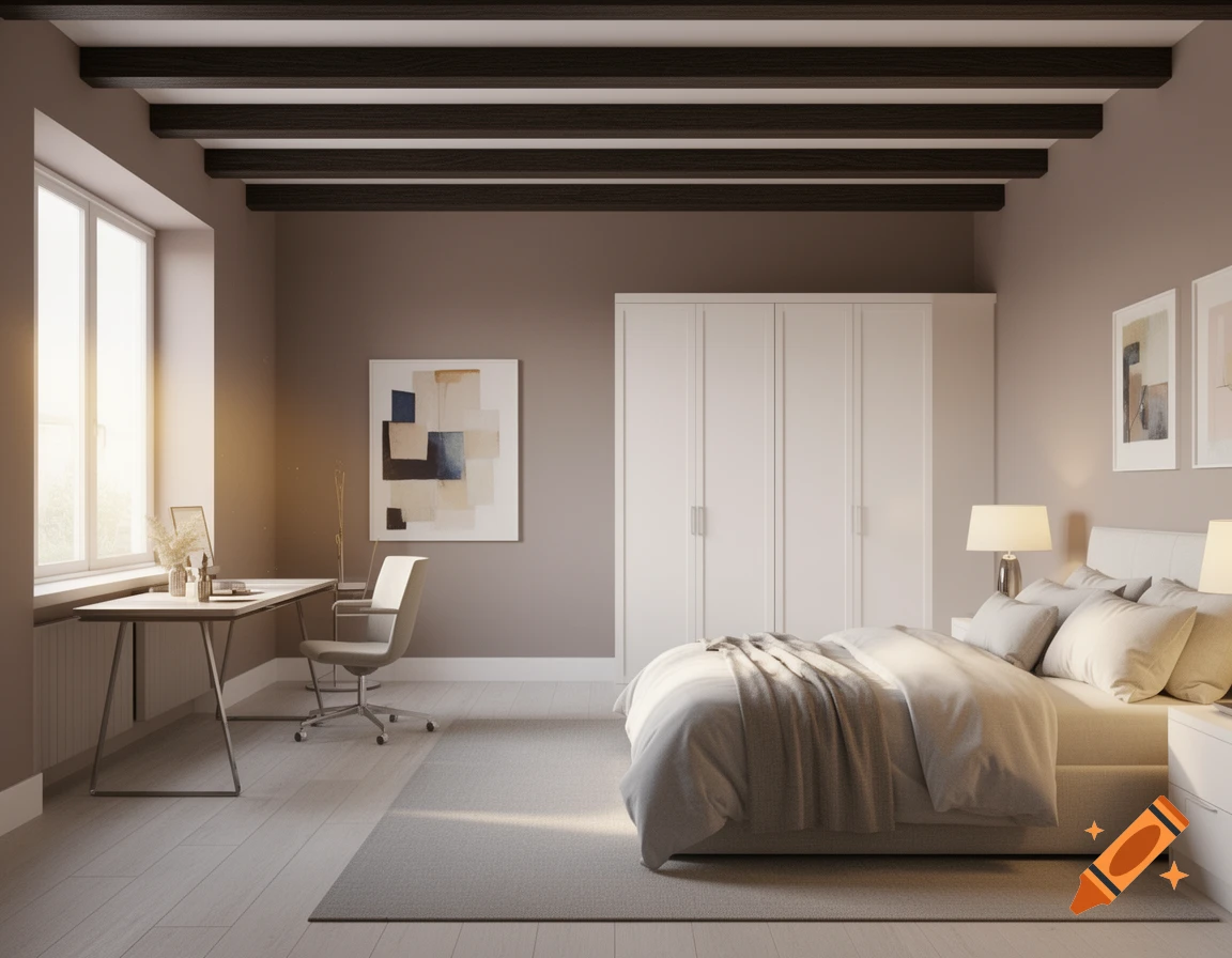 A modern bedroom interior with a light taupe wall, exposed dark beams, a bed with gray and cream bedding, a desk by a bright window, and white wardrobes.