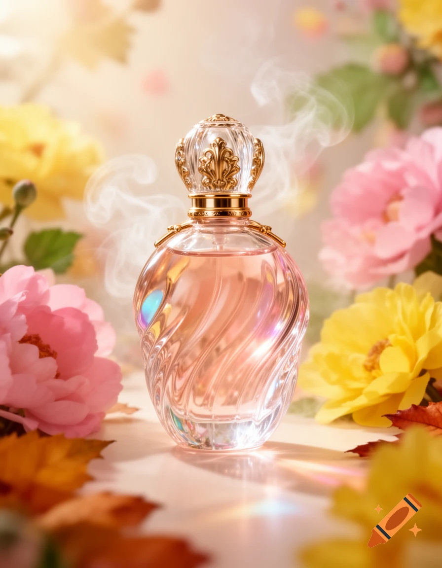 An ornate perfume bottle with a golden crown-like cap, surrounded by soft pink and yellow flowers, with sparkling light and smoke.