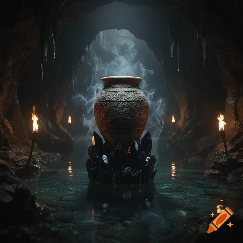 An ornate urn emitting smoke sits on black crystals in a dark, torch-lit cave with water.