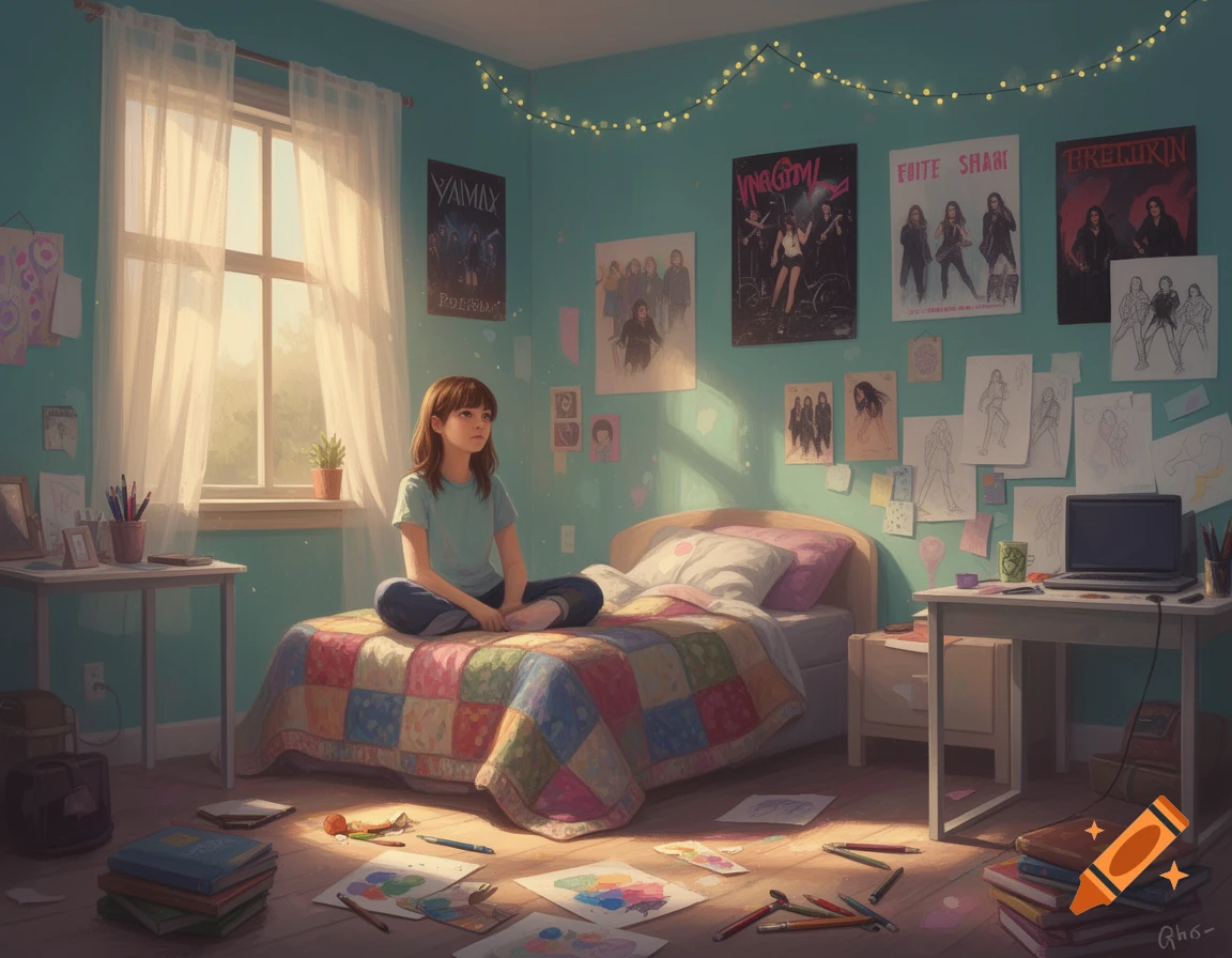 A teenage girl sits cross-legged on a colorful patchwork quilt bed in a teal bedroom with posters, fairy lights, and art supplies scattered on the floor.