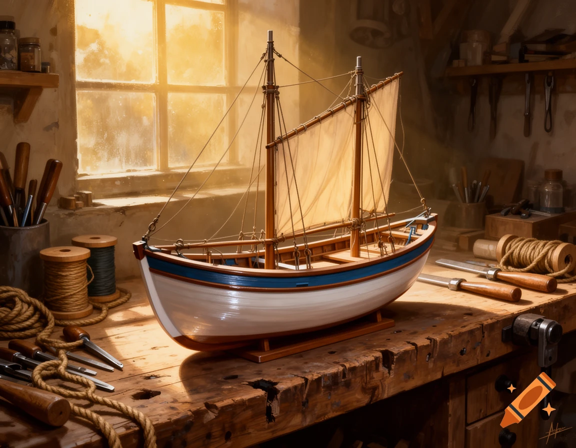 A detailed model of a thonier fishing boat sits on a wooden workbench in a sunlit workshop, surrounded by tools and spools of rope.