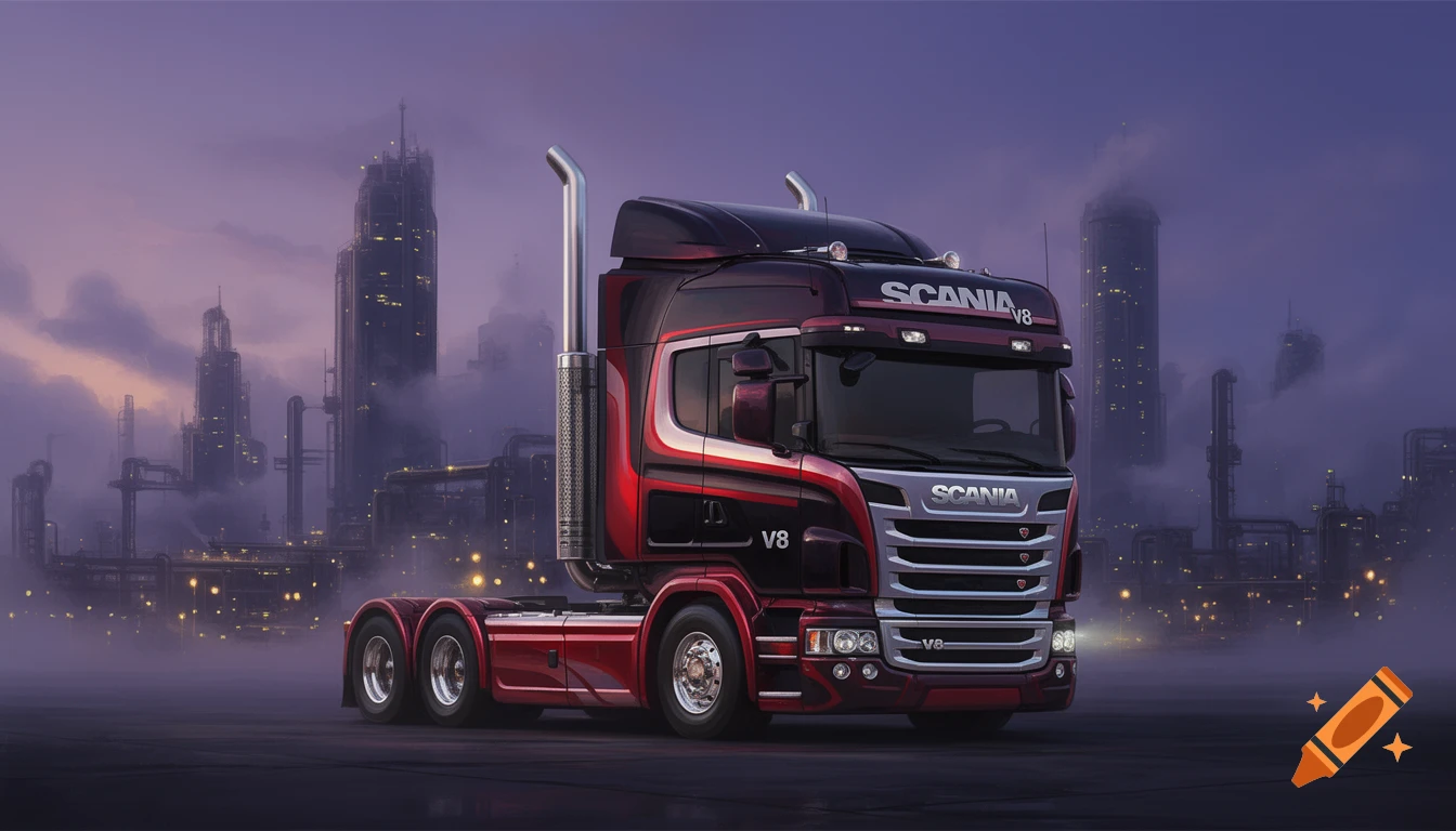 A red and black Scania V8 truck parked on an asphalt lot with a stylized, hazy purple city skyline at dusk in the background, digital art.