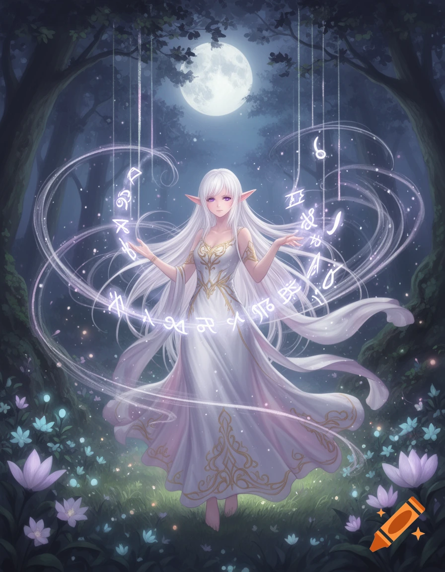 An anime elf girl with long white hair and a white dress stands barefoot in a magical forest at night under a full moon, surrounded by glowing, illegible symbols and light trails.