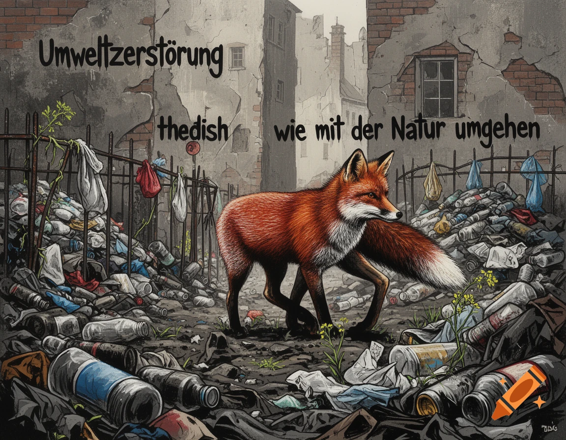 An illustrated red fox walks through a desolate, garbage-strewn urban landscape with graffiti-style text on walls, depicting environmental destruction.
