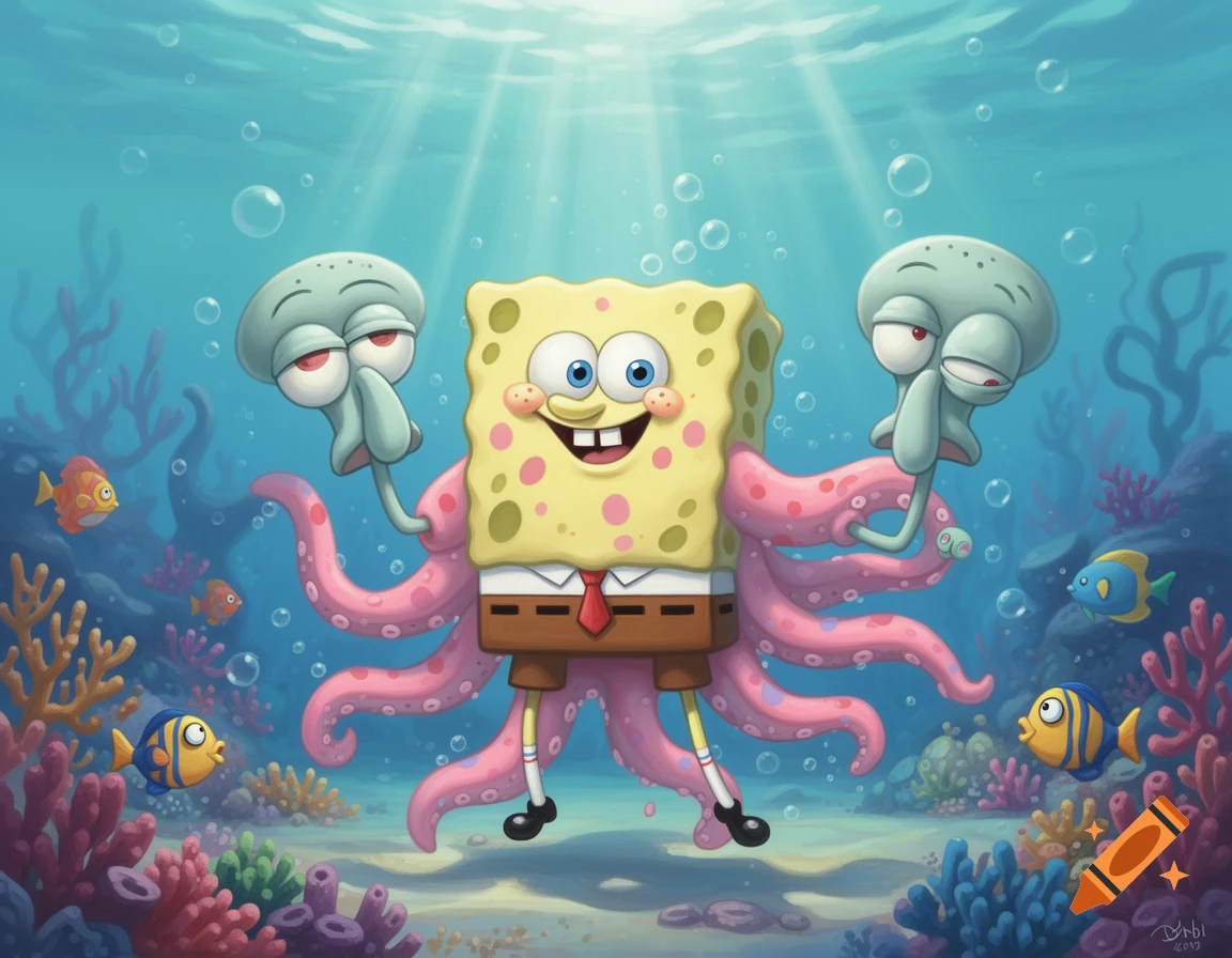 Vibrant cartoon illustration of a SpongeBob-like character with pink tentacles holding two Squidward heads, swimming underwater with coral and fish.
