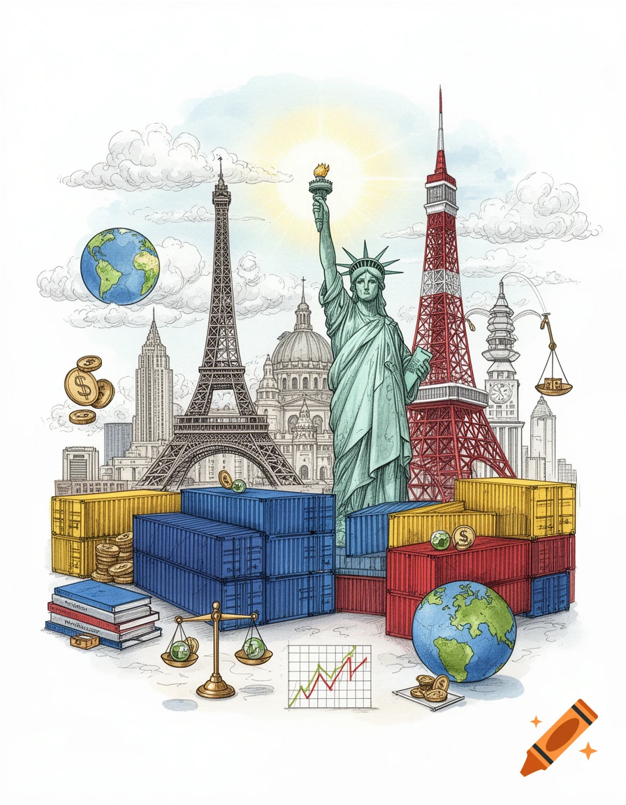 An illustration of global trade with the Statue of Liberty, Eiffel Tower, and Tokyo Tower alongside shipping containers, globes, money, and graphs.
