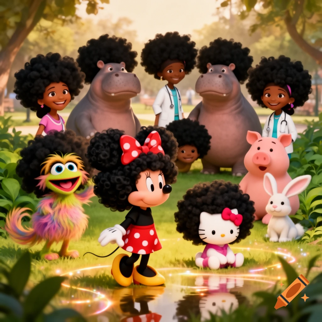 Animated Minnie Mouse, Muppet Zoe, Hello Kitty, diverse cartoon kids and animals with afros in a vibrant park.