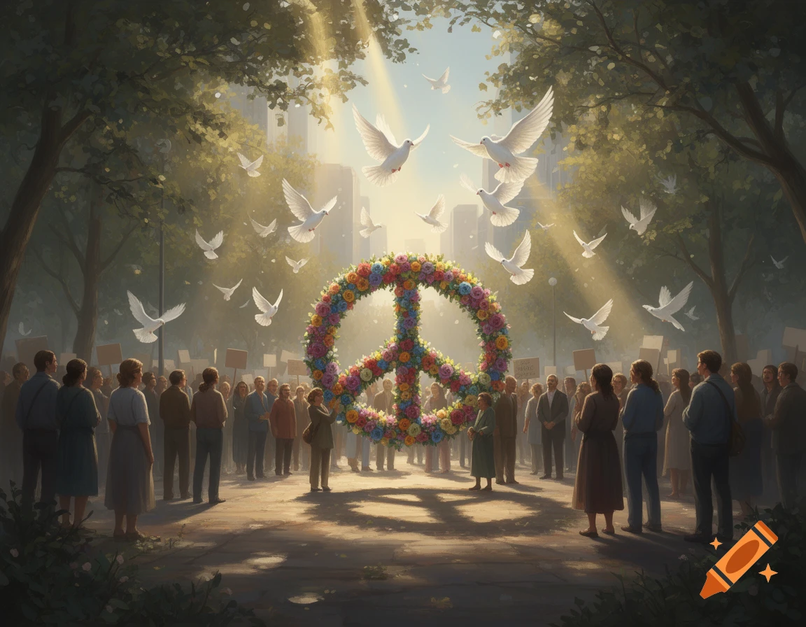 A crowd of people stands beneath sunlit trees, looking towards a large peace sign made of colorful flowers, as white doves fly overhead.