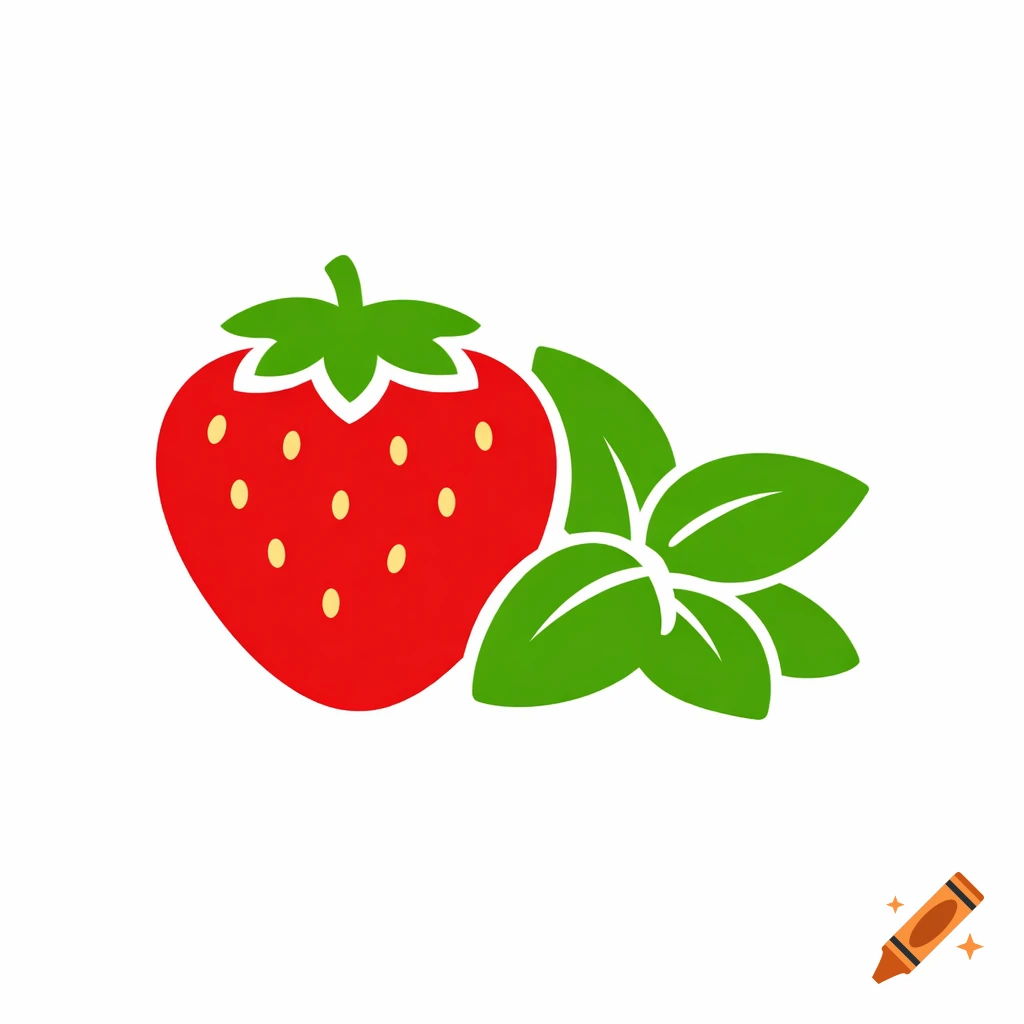 Red strawberry with yellow seeds and green stem next to green basil leaves, in a flat icon style.