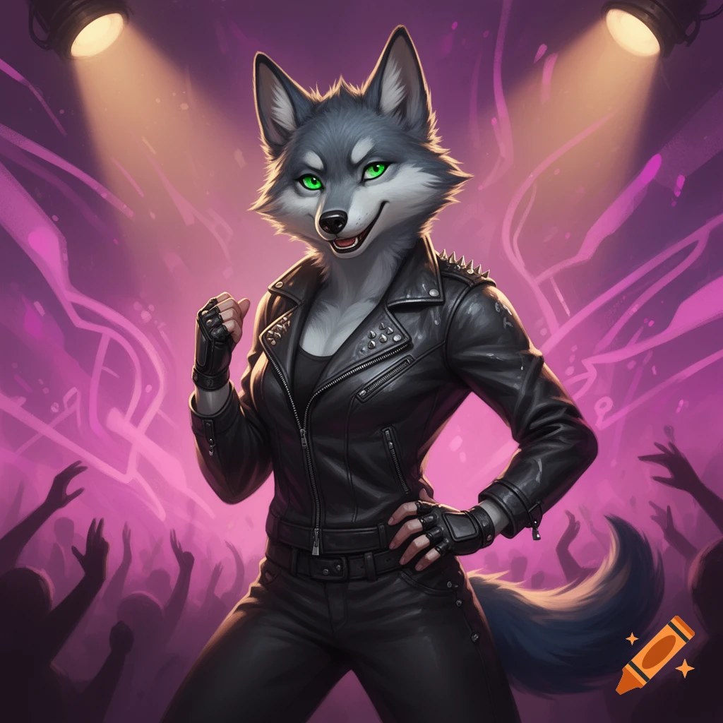 A gray anthro wolf with green eyes, wearing a black leather jacket and pants, poses on stage under spotlights at a vibrant pink-lit concert with a crowd visible.
