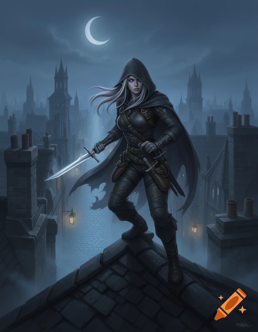 A white-haired female rogue in a black hooded cloak and leather armor stands on a misty rooftop under a crescent moon, holding a dagger. Dark city buildings are in the background.