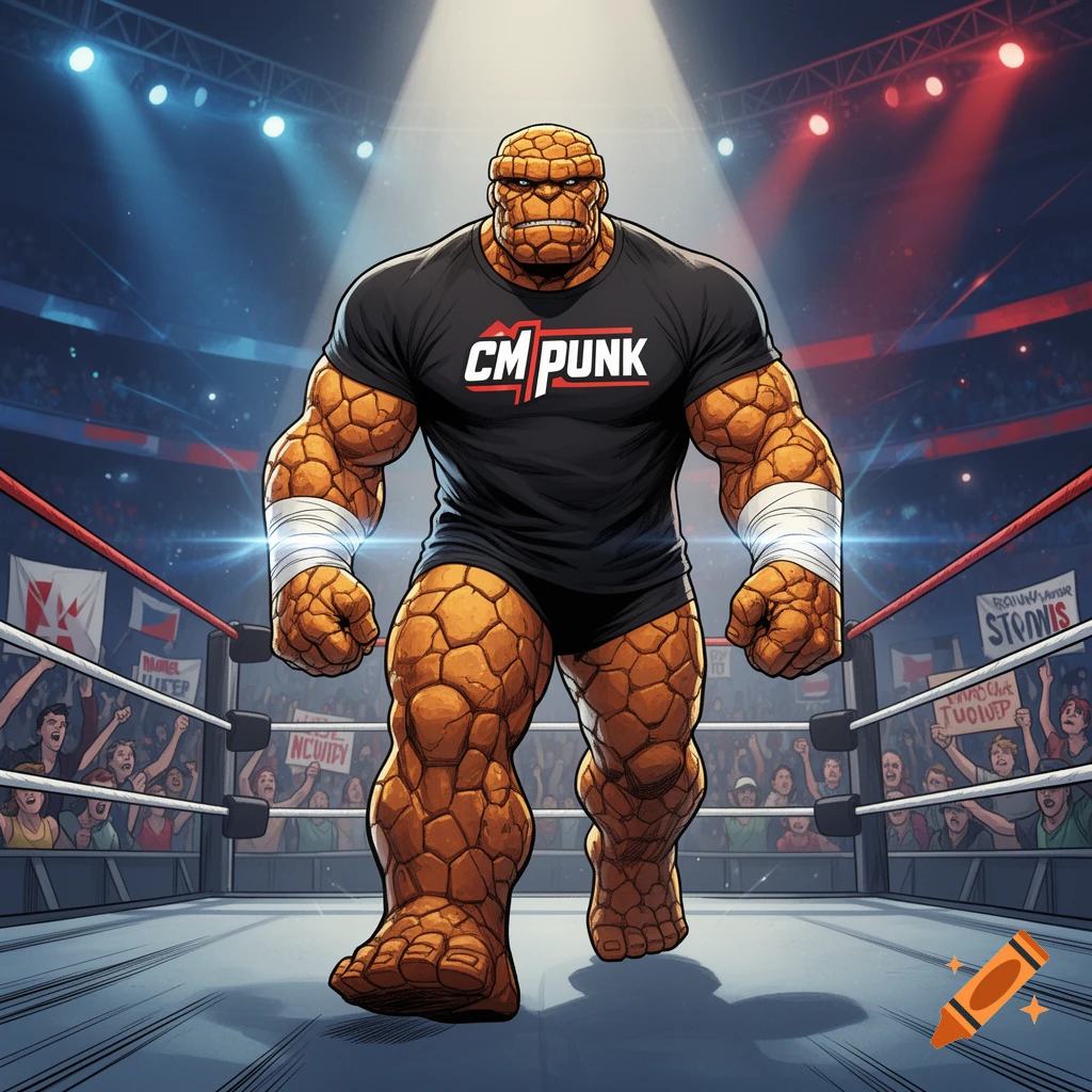 Comic art of The Thing from Marvel Comics in a wrestling ring, wearing a black CM PUNK t-shirt, with taped wrists.