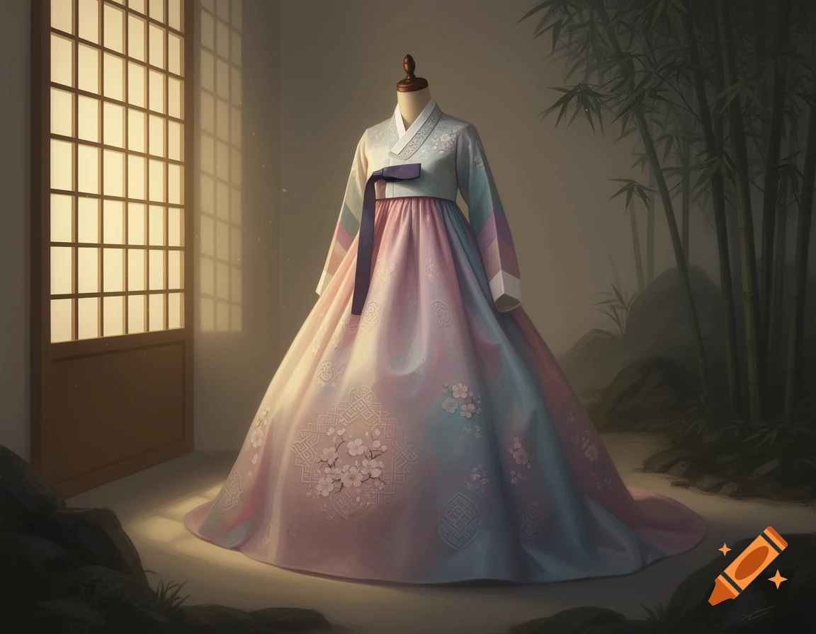 A beautiful pastel pink and blue hanbok on a mannequin, adorned with cherry blossoms and traditional patterns, stands in a serene room with a sliding window and bamboo.