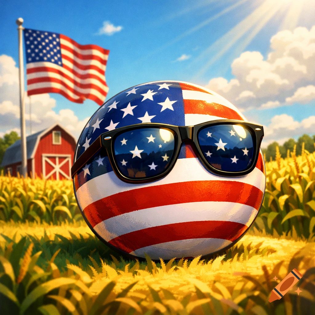 American flag-patterned ball with sunglasses in a cornfield, with a flag and red barn under a sunny sky.