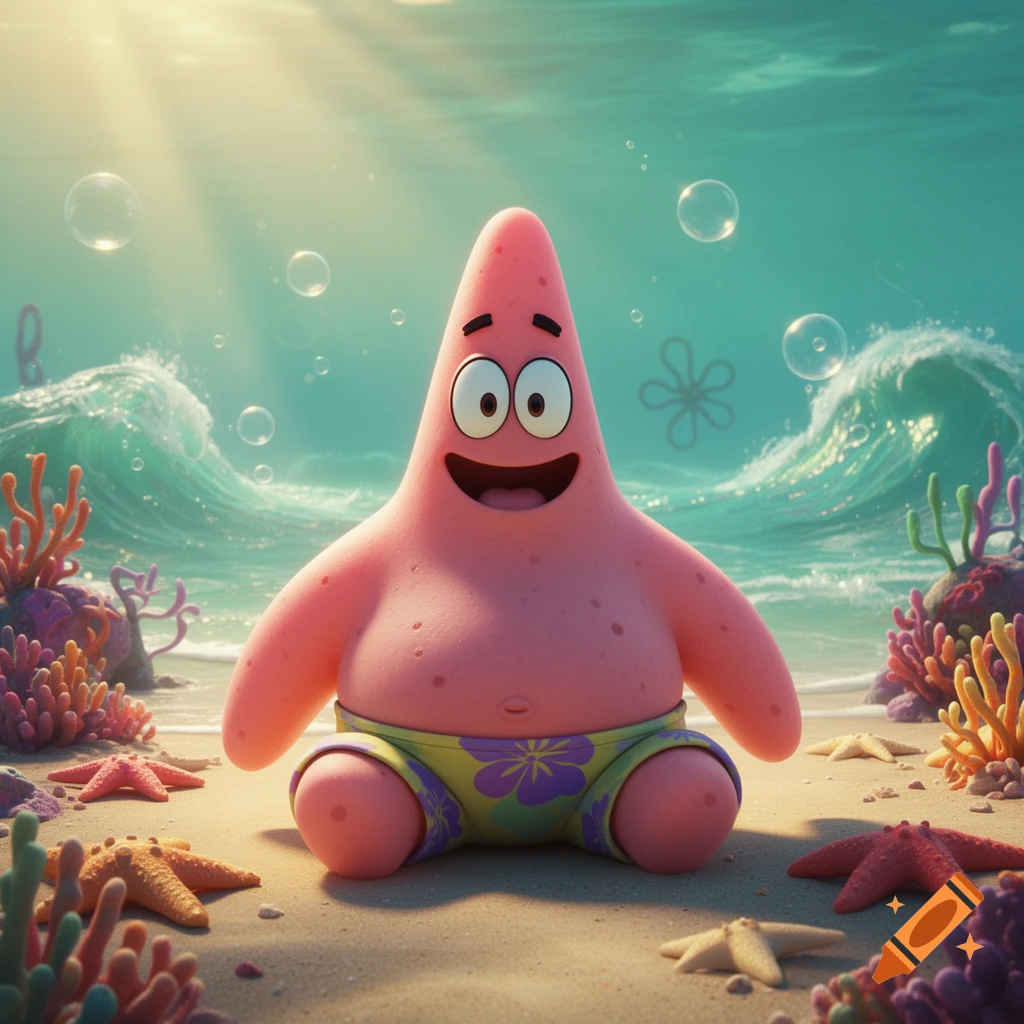 CGI Patrick Star, a pink starfish, sits on a sandy underwater beach wearing flowered swim trunks, surrounded by coral and starfish with ocean waves in the background.
