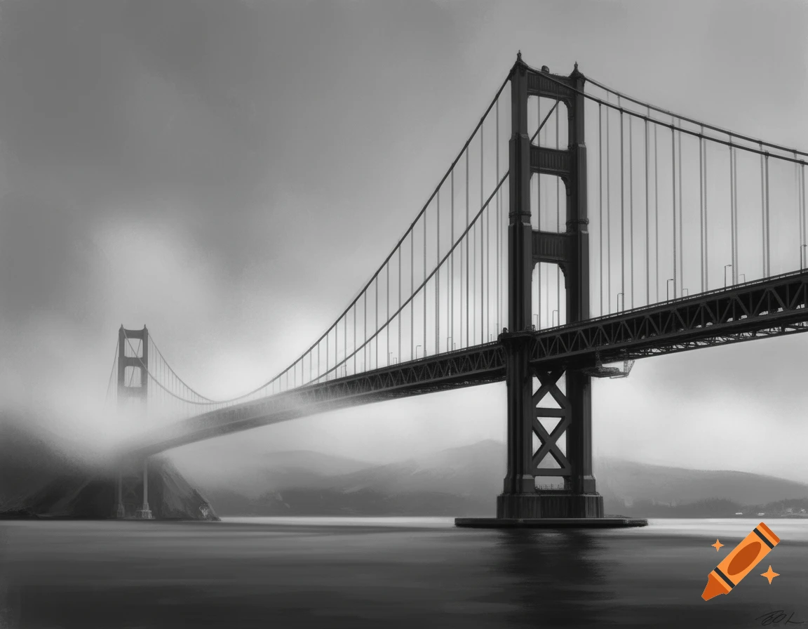 A grayscale view of the Golden Gate Bridge emerging from a dense fog over water.