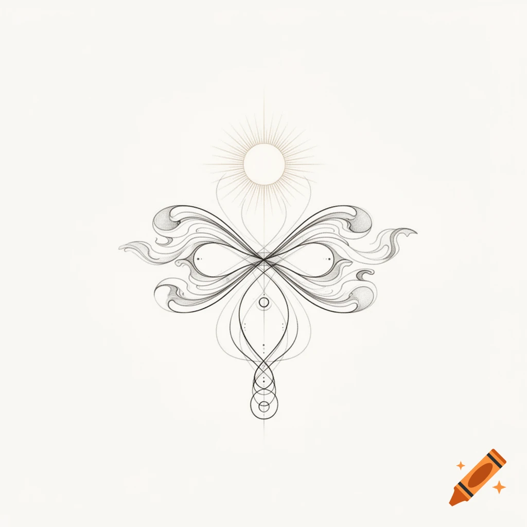 A minimalist fine-line abstract tattoo design with a central infinity-like shape, fluid waves, geometric patterns, and a radiating sun motif above on a light background.