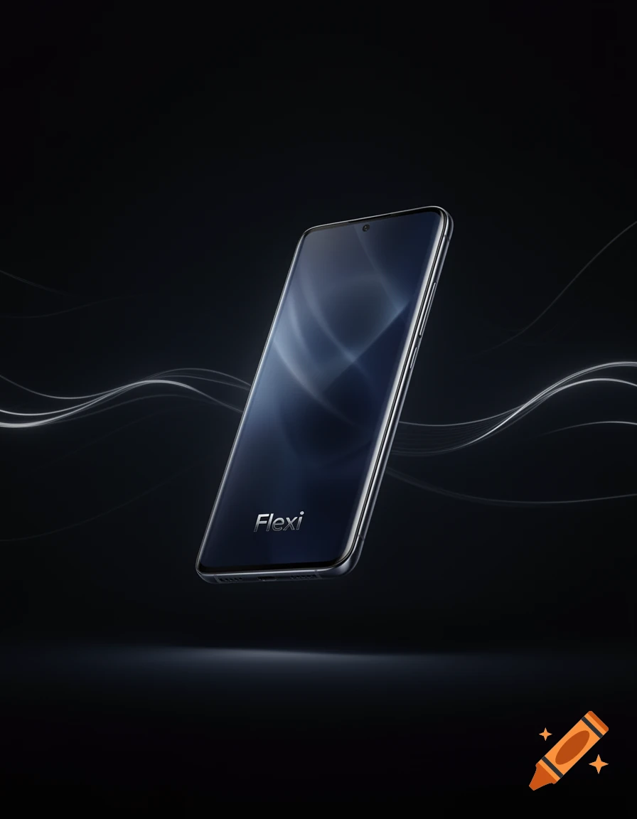 A modern smartphone with the word 'Flexi' on its screen, floating above a dark background with subtle light waves.