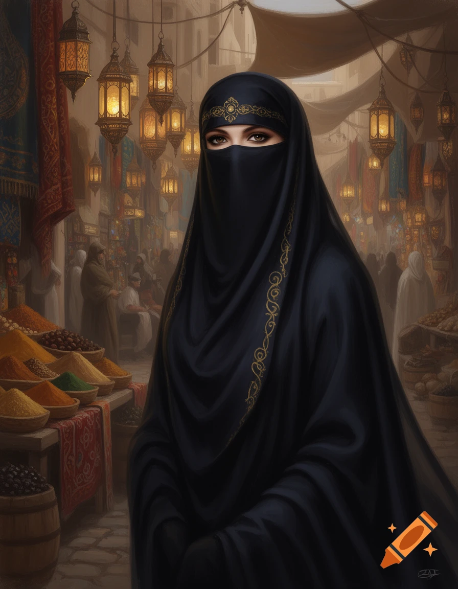 A woman in a black niqab with gold embroidery stands in a busy, lantern-lit Middle Eastern market with piles of spices.