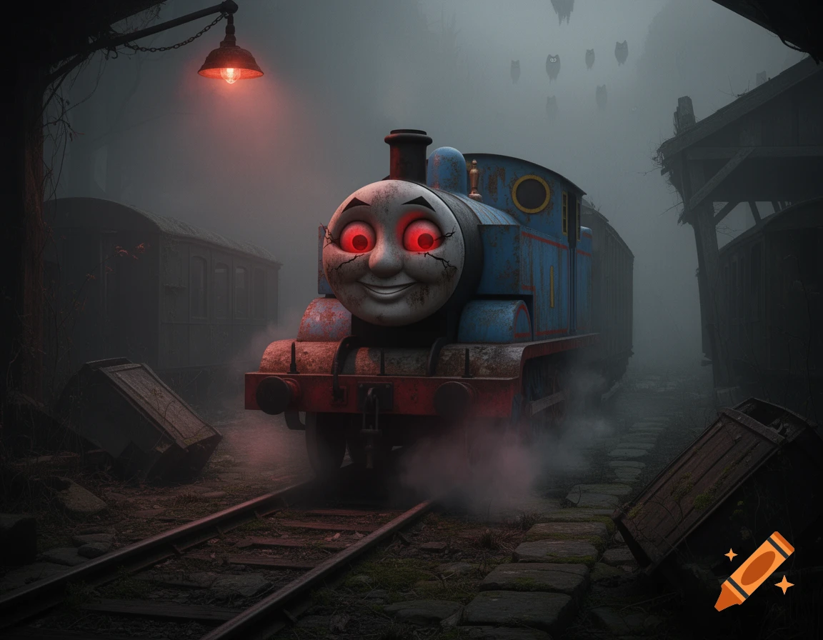 Evil Thomas the Tank Engine with glowing red eyes and a cracked face, in a foggy, dilapidated train yard with ominous floating figures.