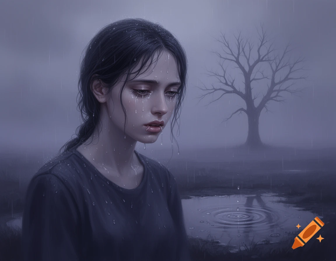 A melancholic digital painting of a young woman crying in the rain, droplets on her face and clothes, with a bare tree in the background.