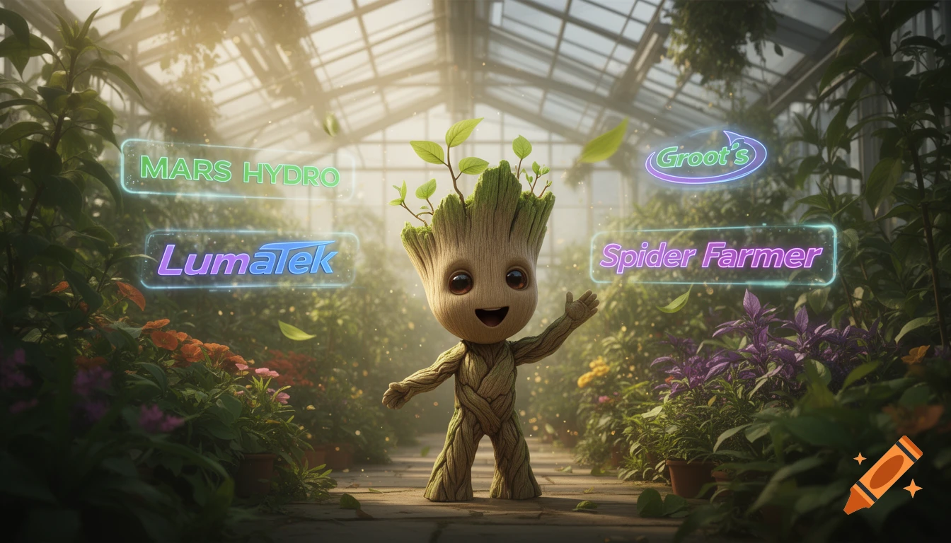 A cute baby Groot stands smiling in a lush greenhouse, surrounded by plants and glowing signs for "Mars Hydro", "LumaTek", "Groot's", and "Spider Farmer".