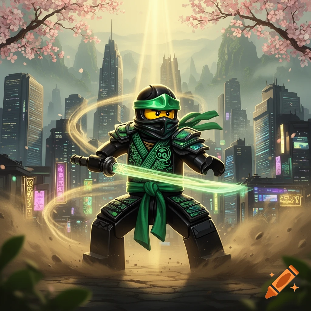 A green Lego ninja with a glowing sword stands in a stylized city landscape with cherry blossoms under sunrays.