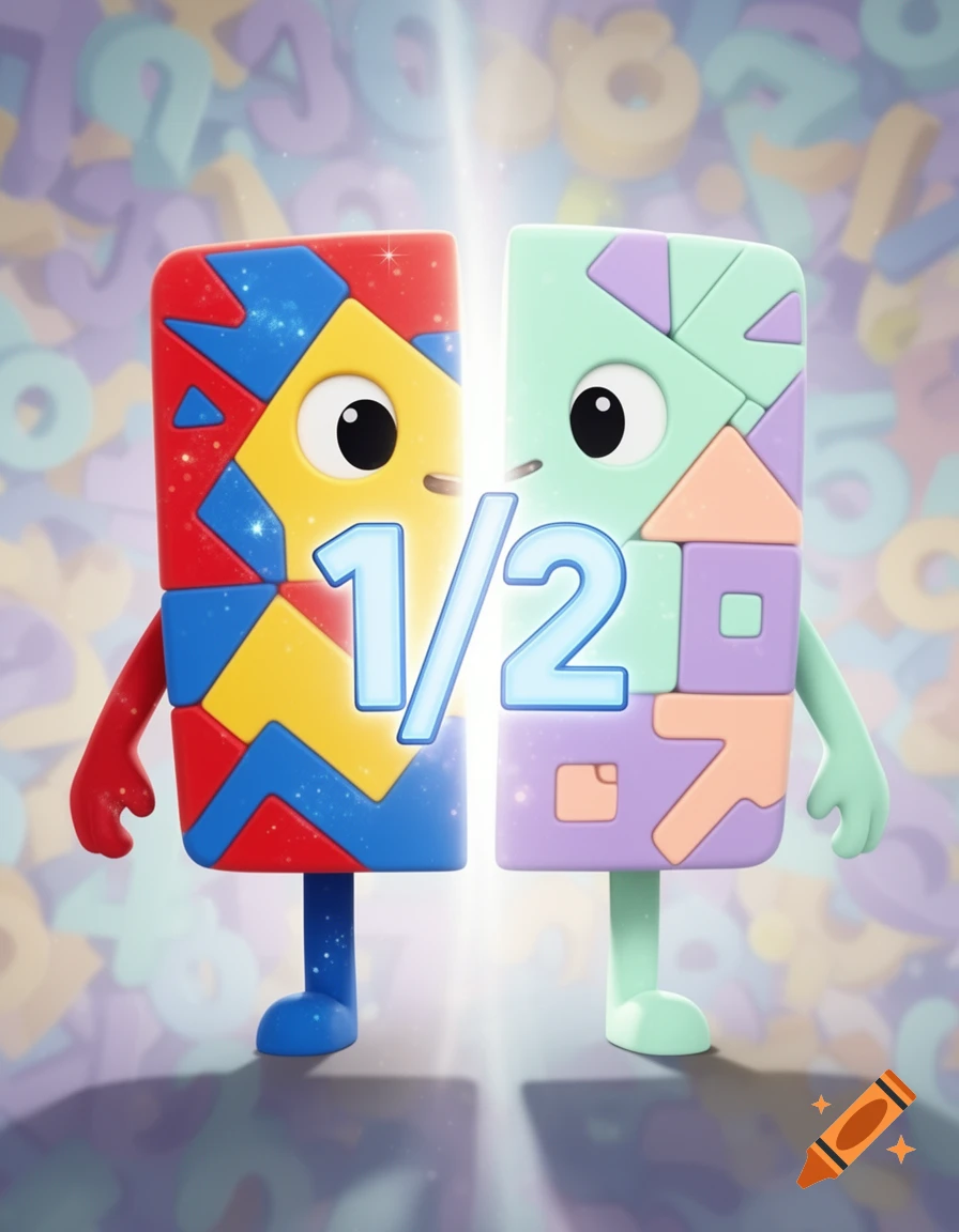 Two vibrant, cartoon-style number block characters, one red/yellow/blue and the other mint green/purple/orange, stand split with a glowing '1/2' between them.