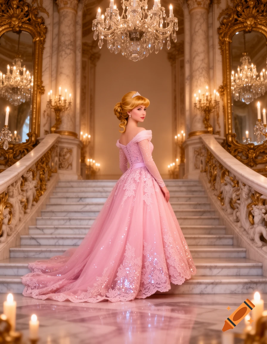 A princess in a sparkling pink ballgown stands on a grand marble staircase in an opulent hall with chandeliers.
