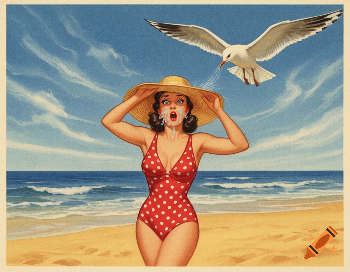 A 1950s pin-up style illustration of a woman in a red polka-dot swimsuit on a beach, startled by a seagull.