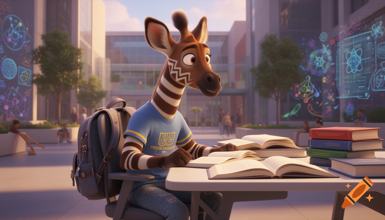 An anthropomorphic okapi student in a blue t-shirt and jeans studies at a desk with books on a university campus in 3D animation.