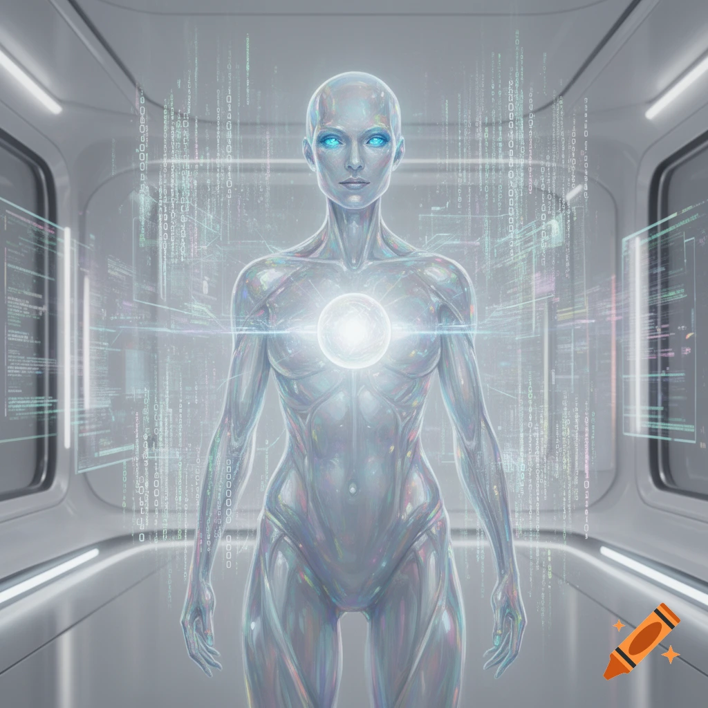A shimmering, translucent humanoid AI stands in a futuristic corridor, surrounded by glowing data streams and a bright orb in its chest. Digital art style.
