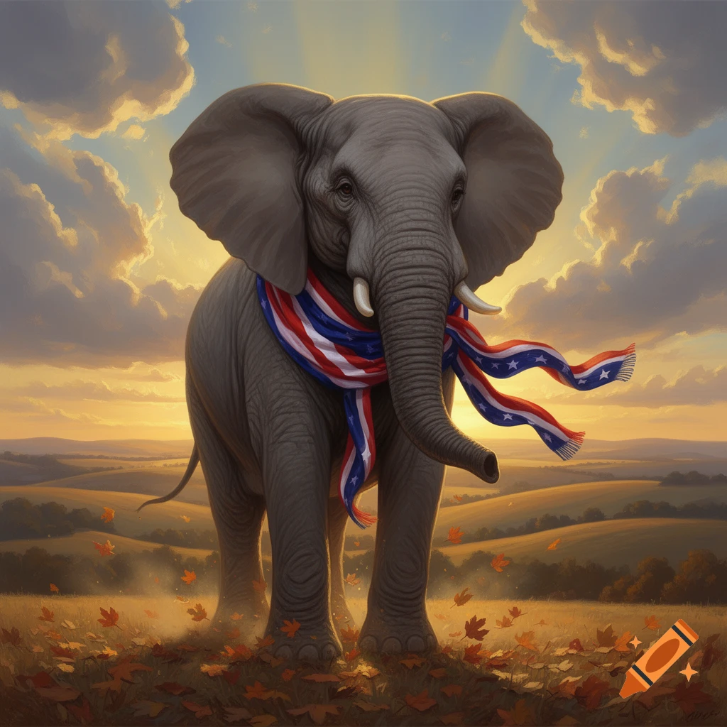 A majestic elephant wearing a red, white, and blue American flag scarf stands in a field of autumn leaves at sunset.