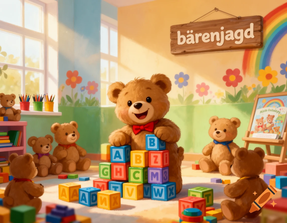 Cute cartoon teddy bears play with colorful alphabet blocks in a sunny kindergarten classroom with a sign reading "bärenjagd".