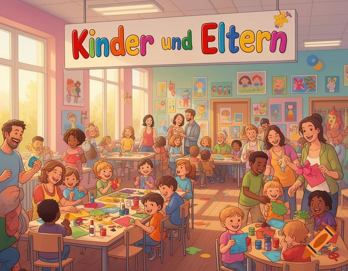 A colorful illustration of children and adults happily doing various crafts at tables in a bright, spacious classroom.