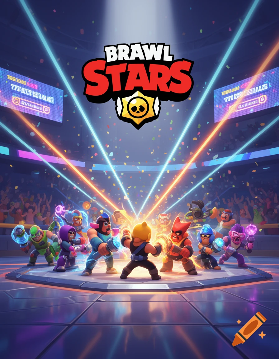 Cartoon-style characters from Brawl Stars in a vibrant futuristic arena with bright lights and confetti, under the game's logo.
