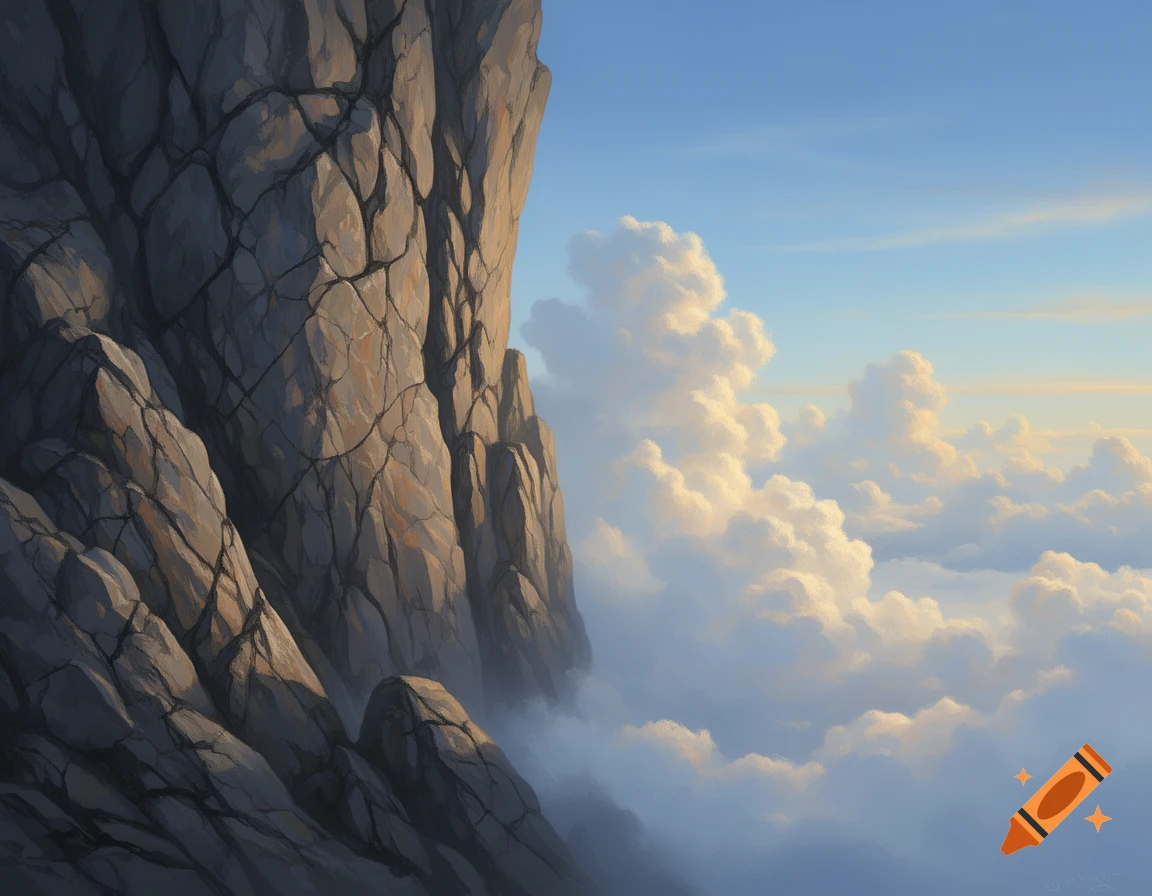 A majestic rock face on the left, sharply textured with cracks, overlooks soft, fluffy white clouds on the right beneath a clear blue sky.
