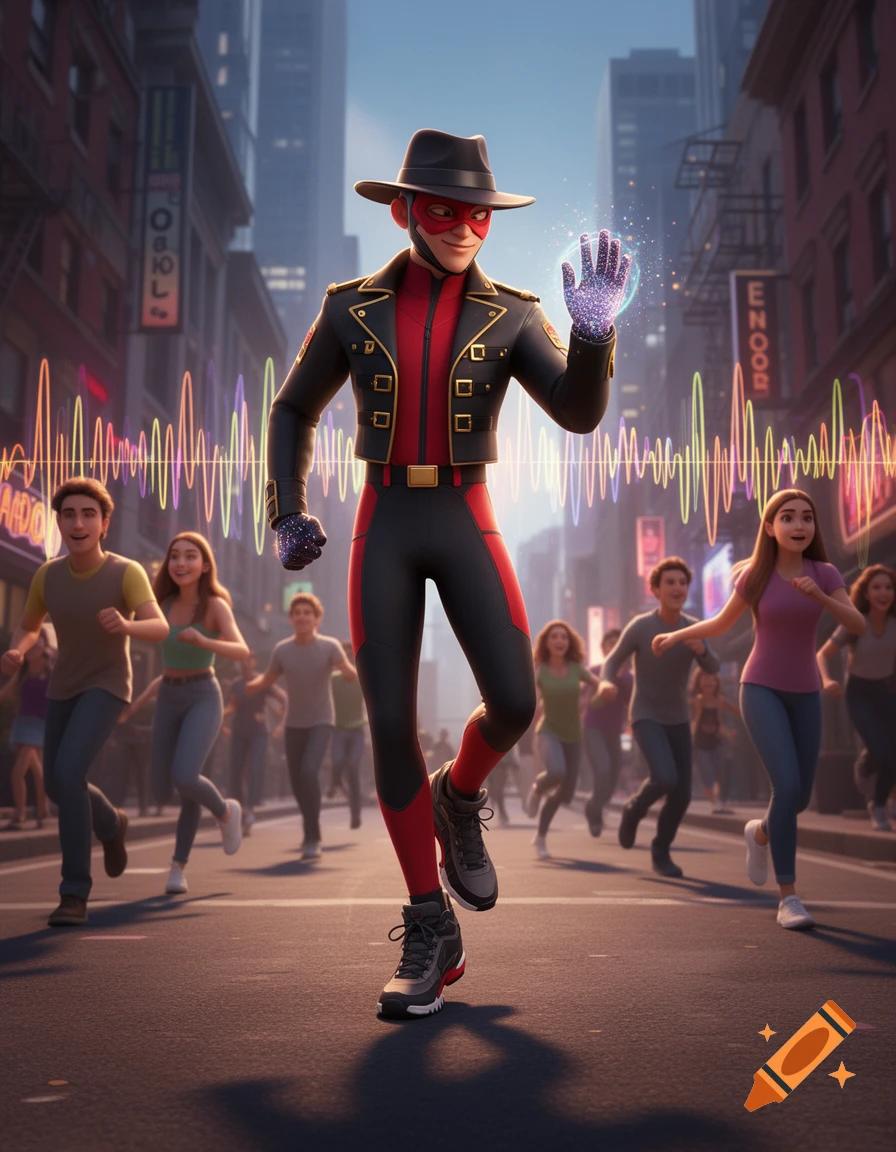 A stylized hero in a black fedora and red and black tech suit with a sparkling glove runs through a city street with sound waves and people.