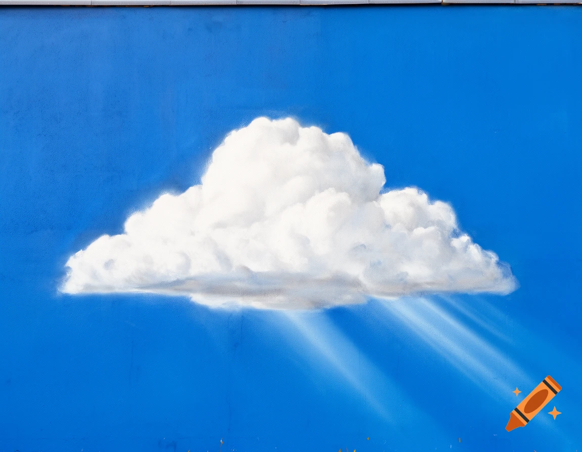 A white cloud and rays of light painted on a vibrant blue wall, resembling a sky.
