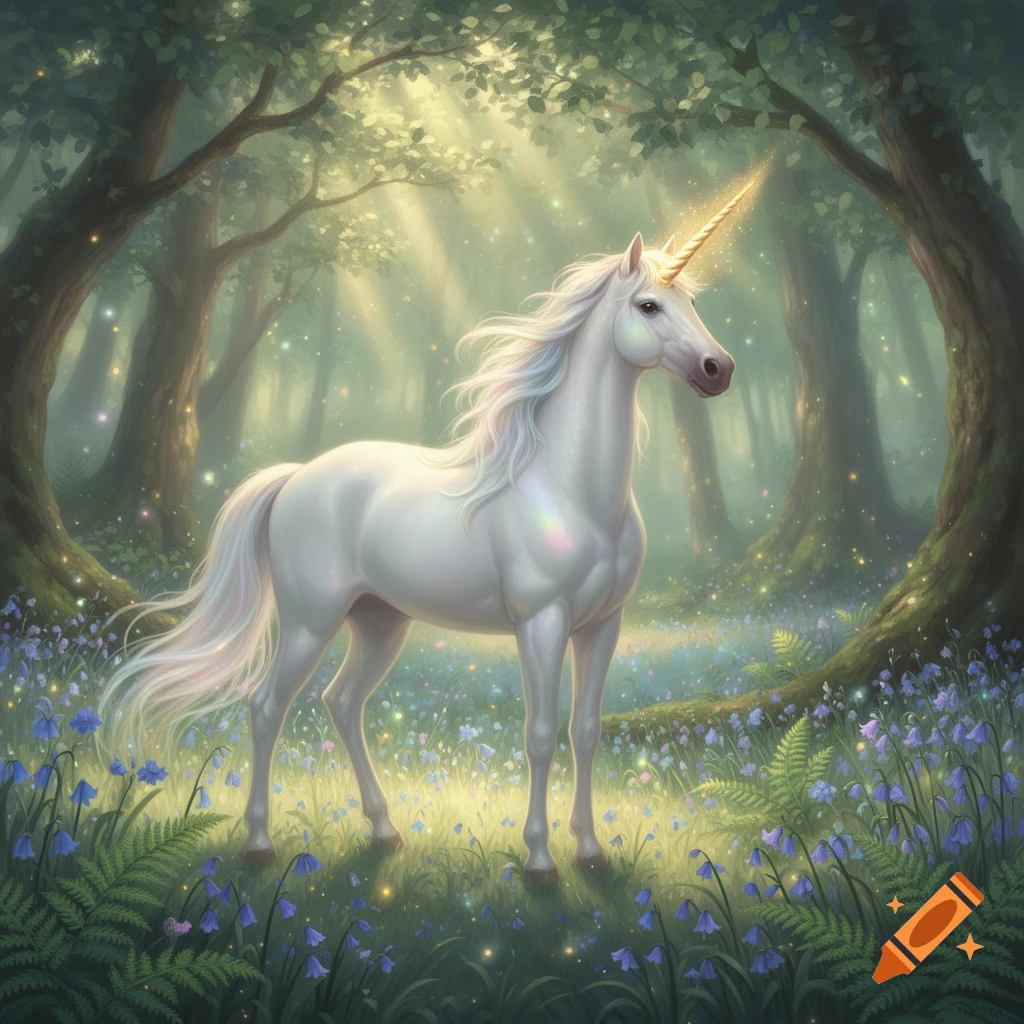 A majestic white unicorn with a golden horn stands in a magical, sun ...